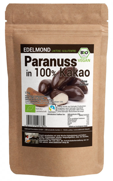 Paranuss in 100% Kakaohülle ohne Zucker. Bio Vegan