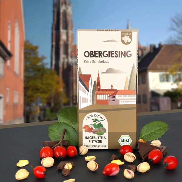 Obergiesing Pistazie & Hagebutte Schokolade. Bio & Fair trade
