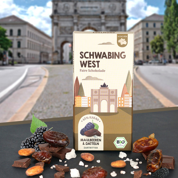 Schwabing Maulbeere, Dattel und Salz Schokolade. Bio & Fair Trade