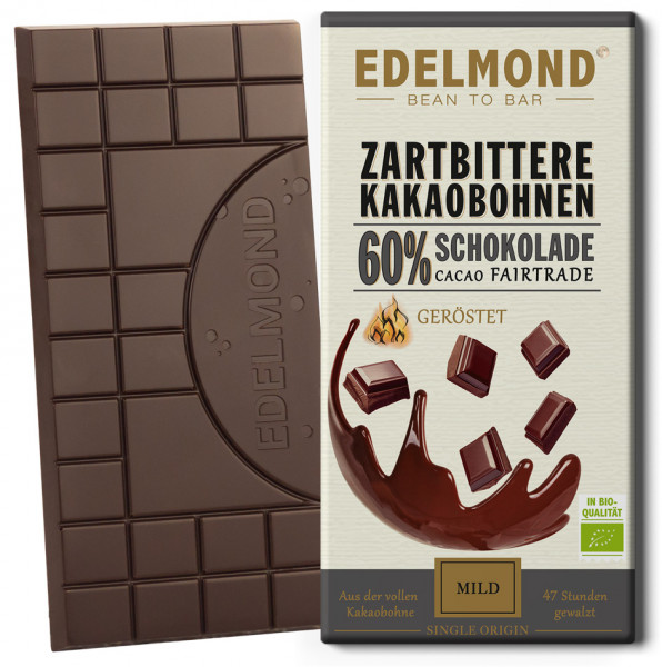 60% Zartbitter-Schokolade. Langzeitgeführt Bio + Fair