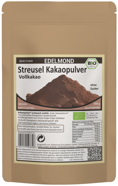 Streusel Kakaopulver. Herzhafte Bio-Kakaokörnchen 200 g.