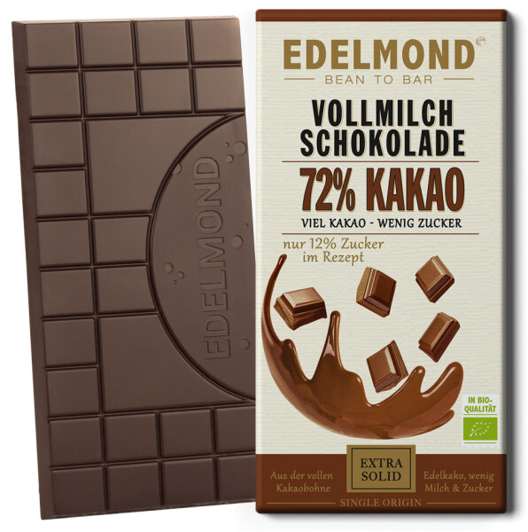 72% Kakao. Edelmilch Bitter-Schokolade, Bio + Fair